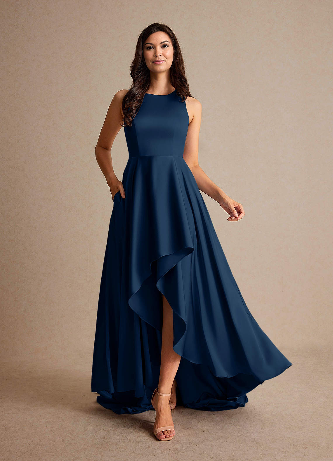 Azazie Niles Dark Navy A-Line Trains Stretch Satin Dress Ready to