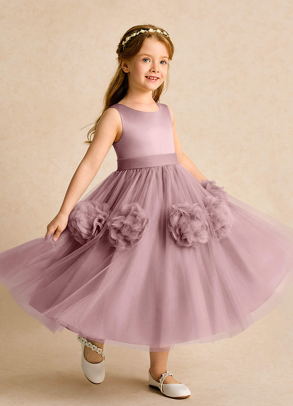 Azazie Vola Abiti da Ragazza di Fiori Abito Principessa in Tulle Senza Maniche Rosa Polverosa image1