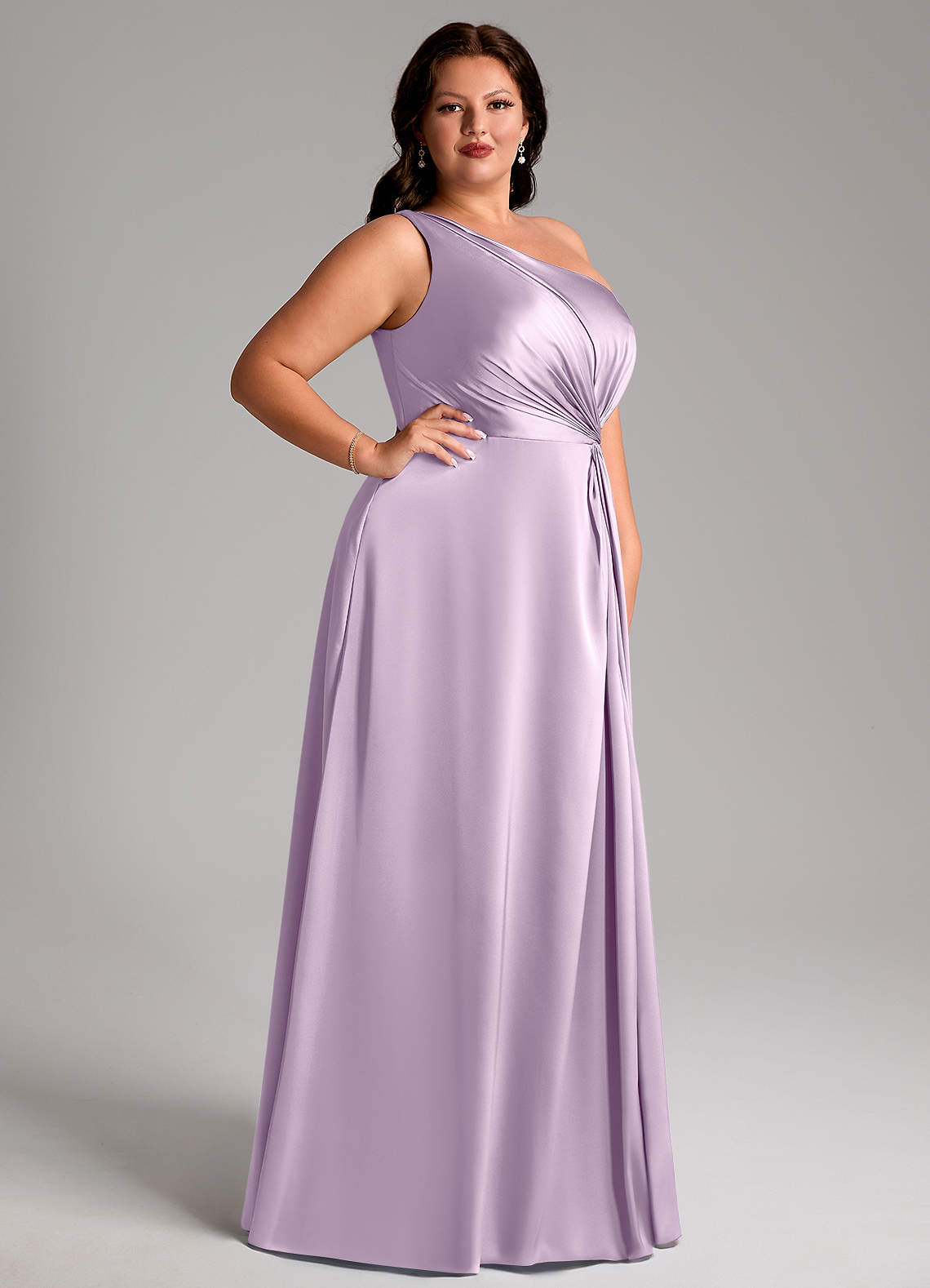 Azazie Brooke Bridesmaid Dresses Frosted Lilac A-Line One Shoulder Stretch Satin Dress image9