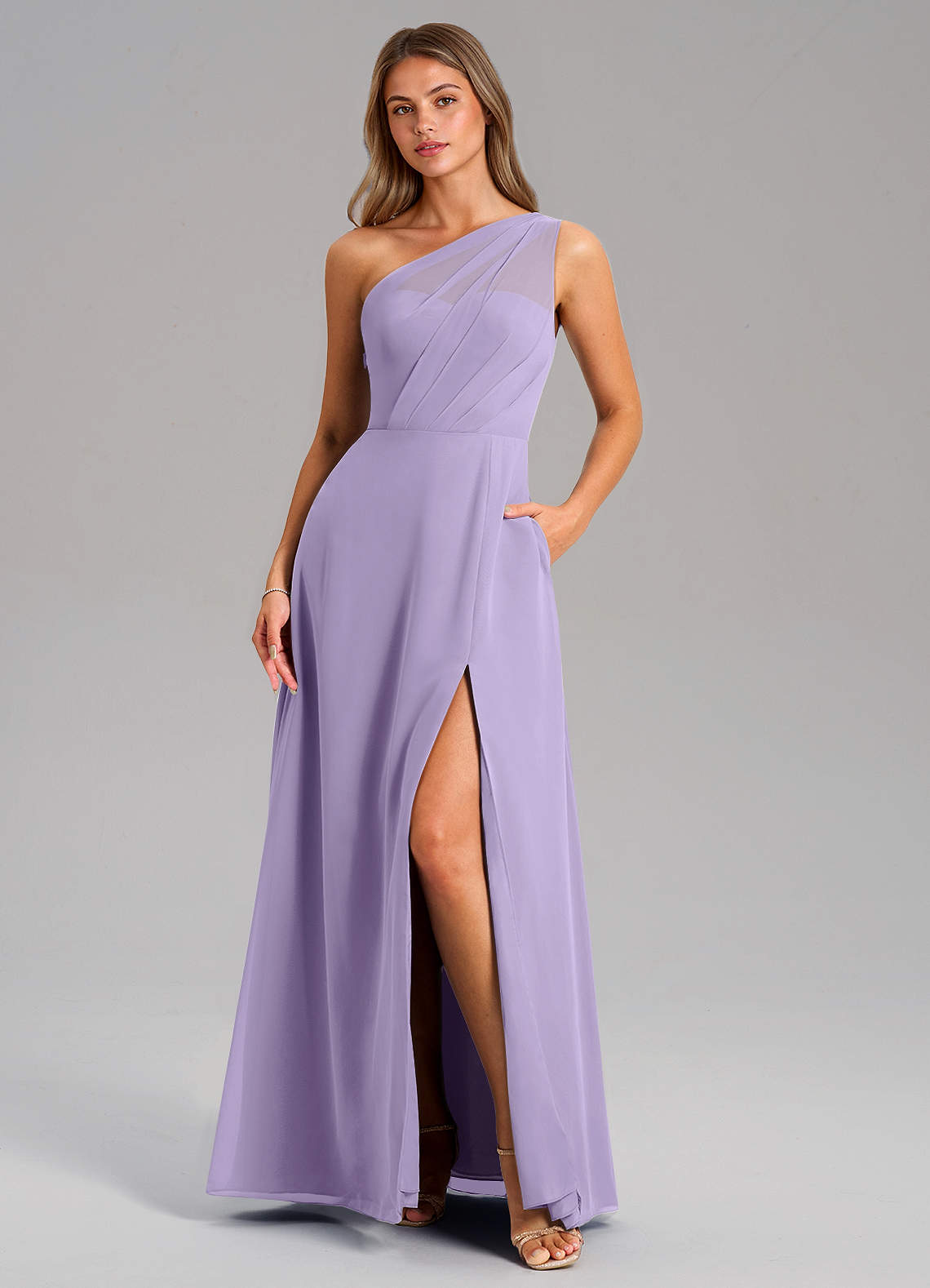Azazie Phaedra Jurken voor bruidsmeisjes Jurk van Chiffon met A-Lijn One-Shoulder Lila image1