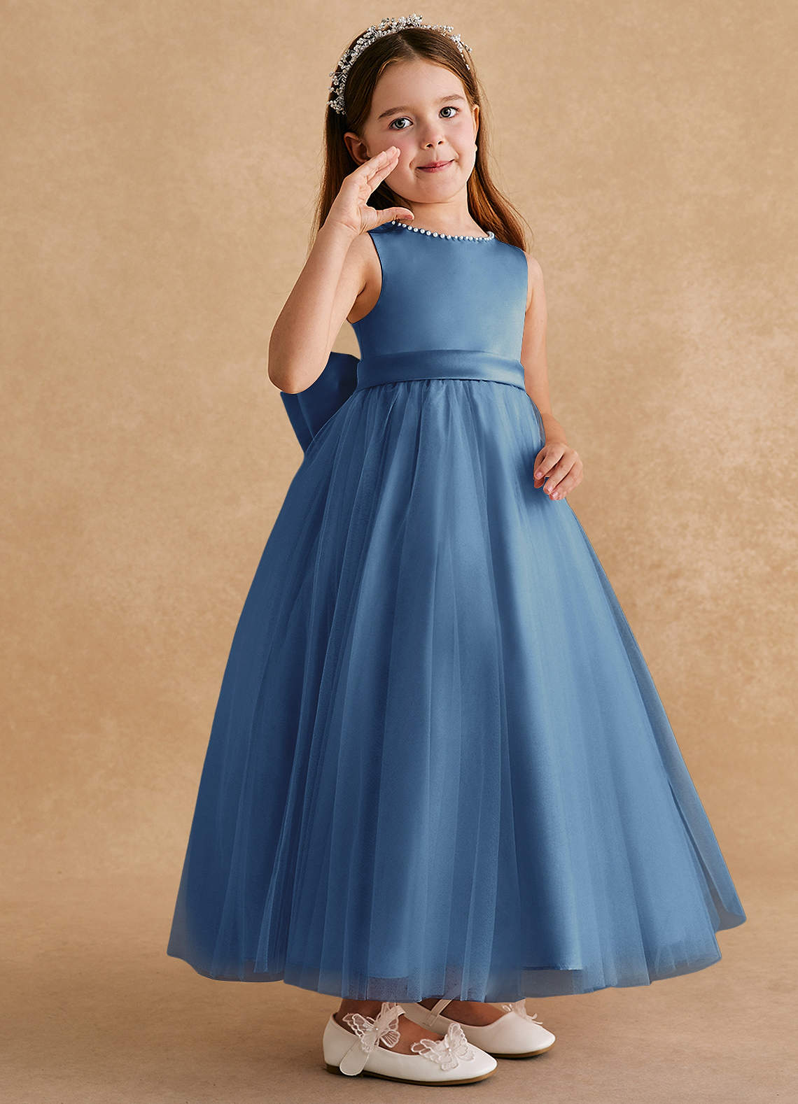 Azazie Cookie Flower Girl Dresses Steel Blue A-Line Bow Tulle Dress image1