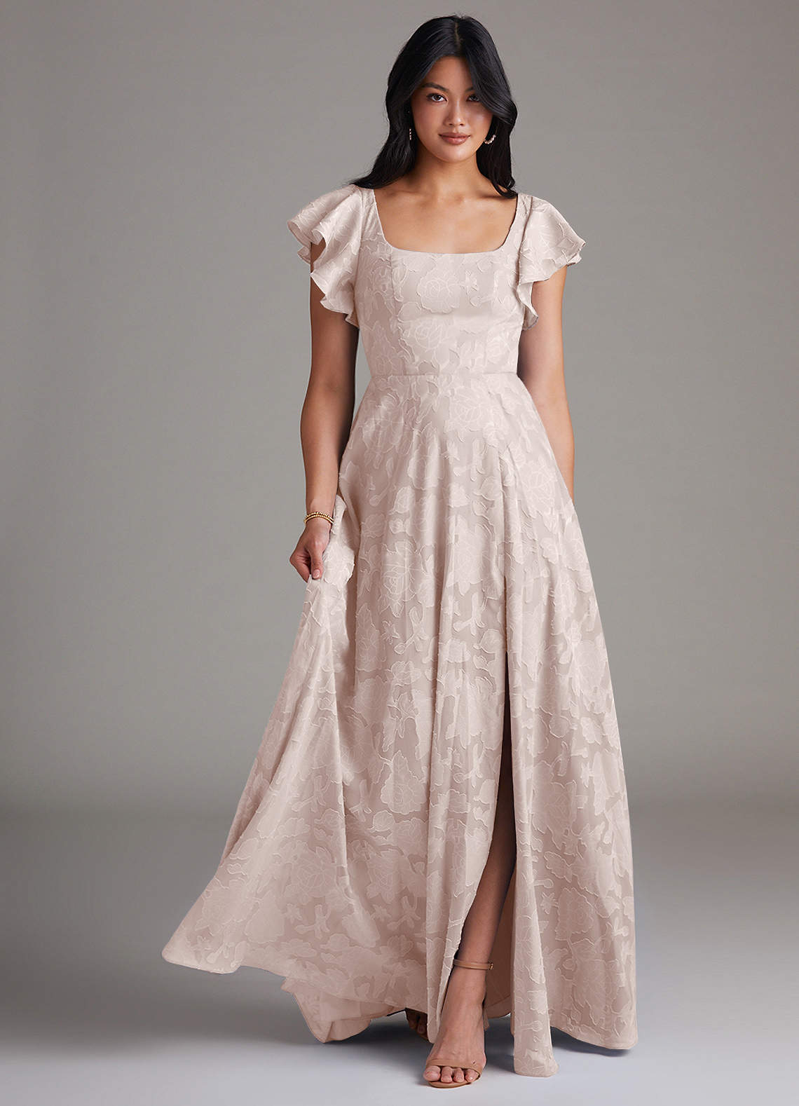 Azazie Bondi Bridesmaid Dresses Blushing Pink A-Line Side Slit Floral Burnout Dress image1