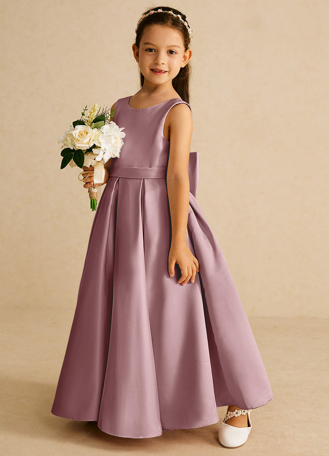 Azazie Pipsy Flower Girl Dresses Dusty Rose A-Line Bow Matte Satin Dress image1