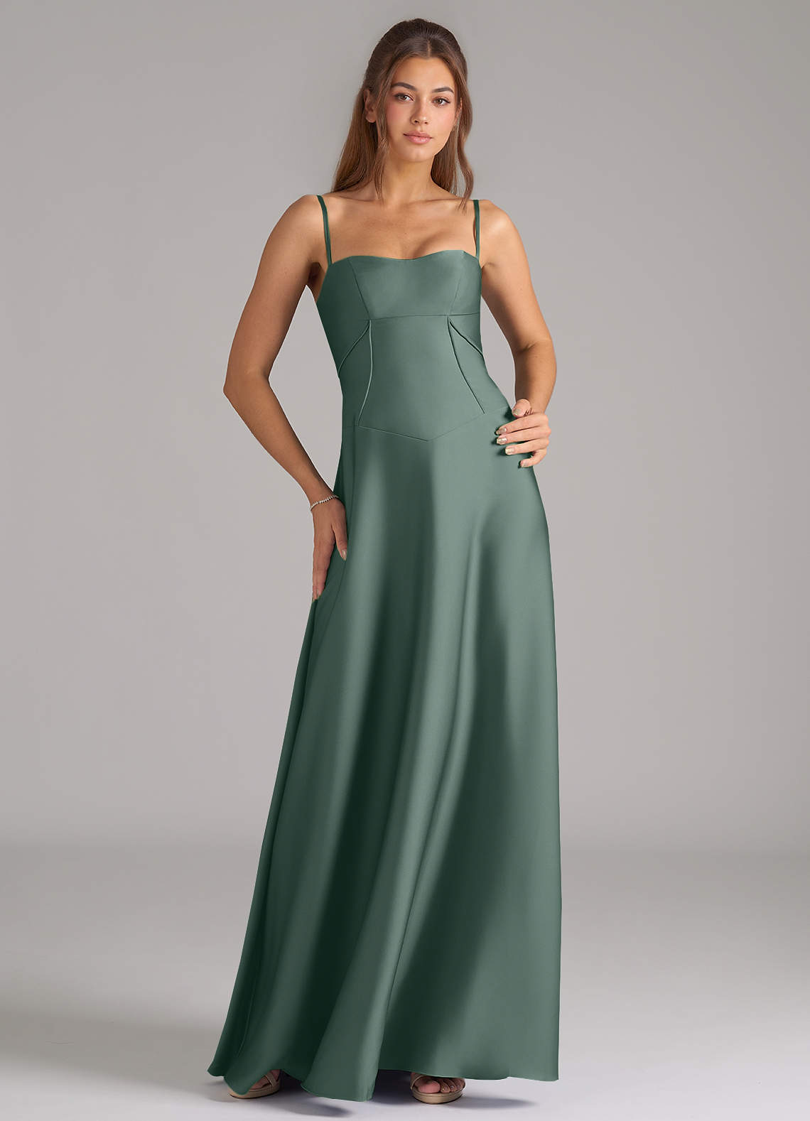 Azazie Valentine Bridesmaid Dresses Sea Moss A-Line Corset Stretch Satin Dress image1