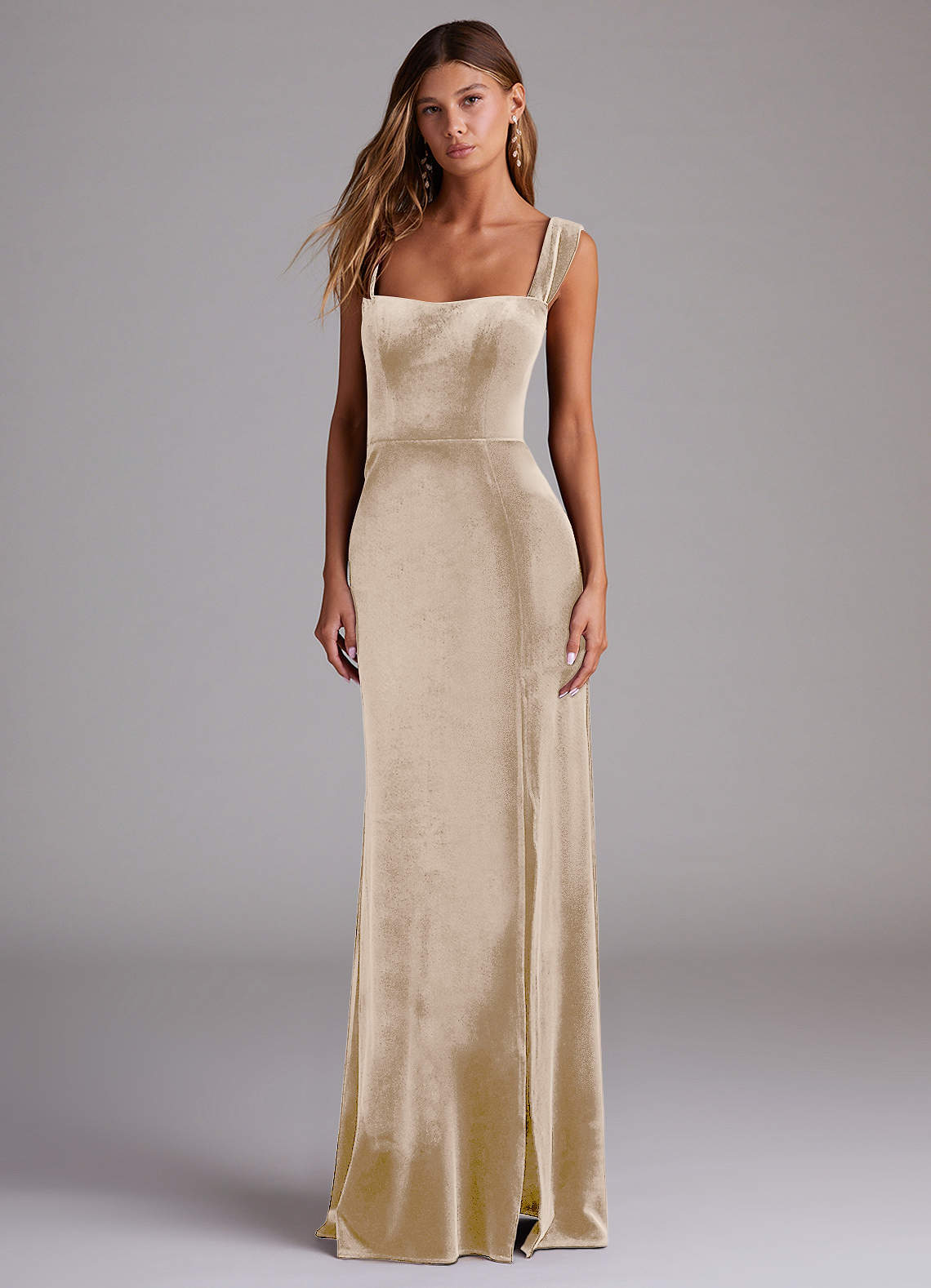 Azazie Junia Bridesmaid Dresses Champagne Sheath Off the Shoulder Velvet Convertible Dress image1