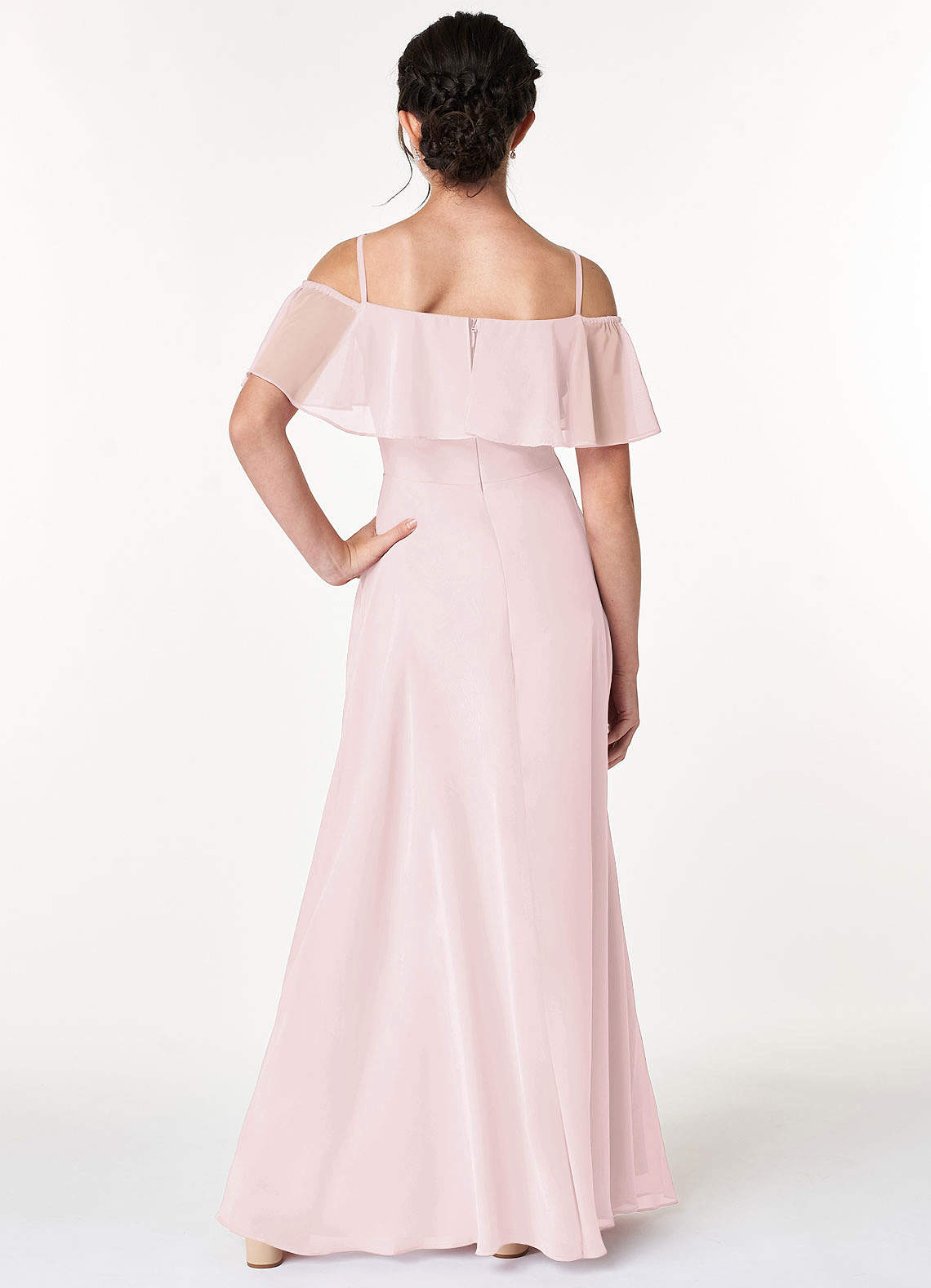 Azazie Maggie Junior Blushing Pink A-Line Off the Shoulder Chiffon Dress image1