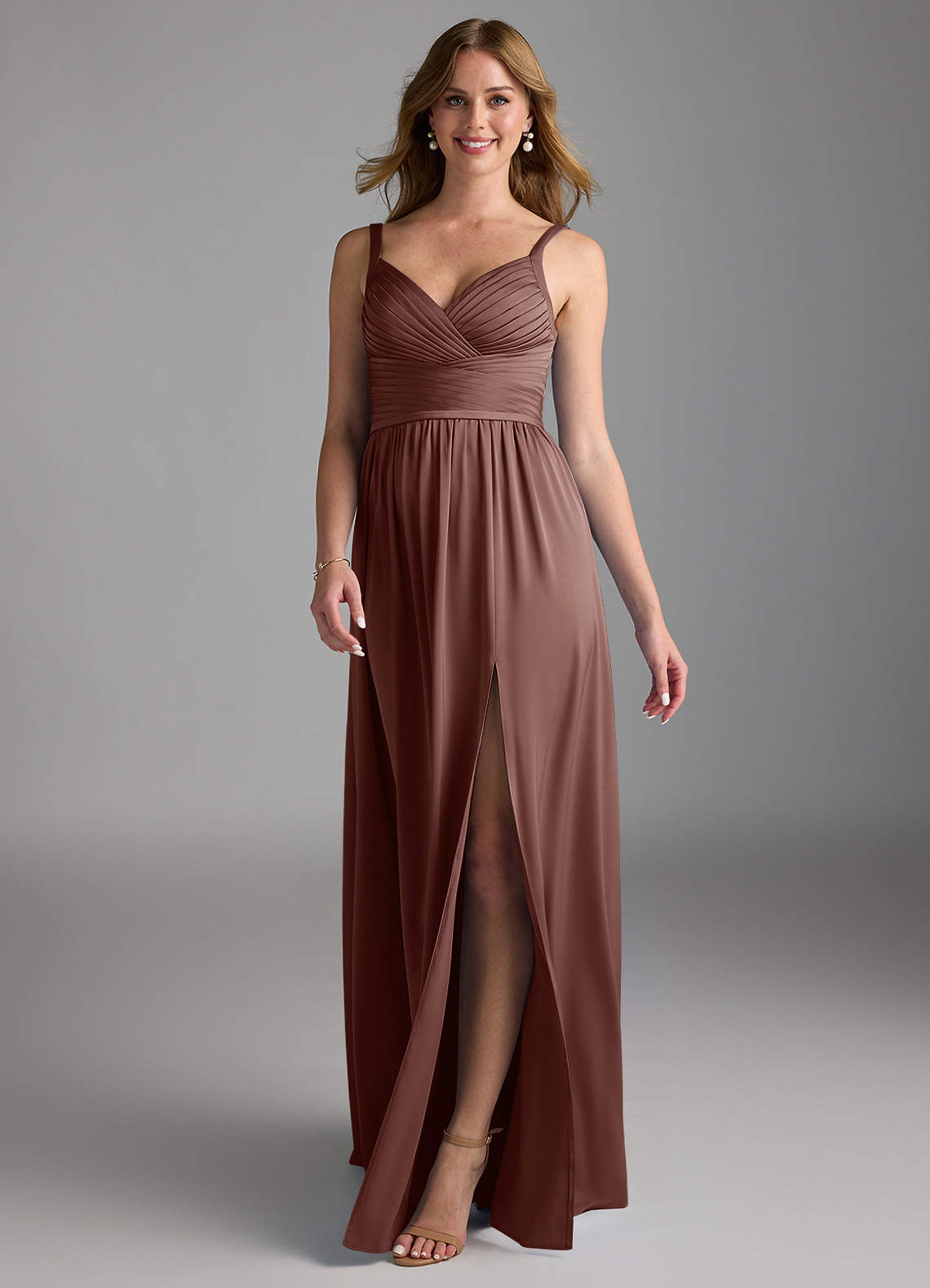 Azazie Chanel Bridesmaid Dresses Espresso A-Line Pleated Stretch Satin Dress image1