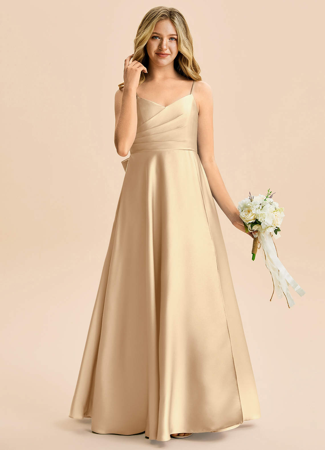 Azazie Rumi Junior Klä av A-Line i Stretch Satin Plisserad image3