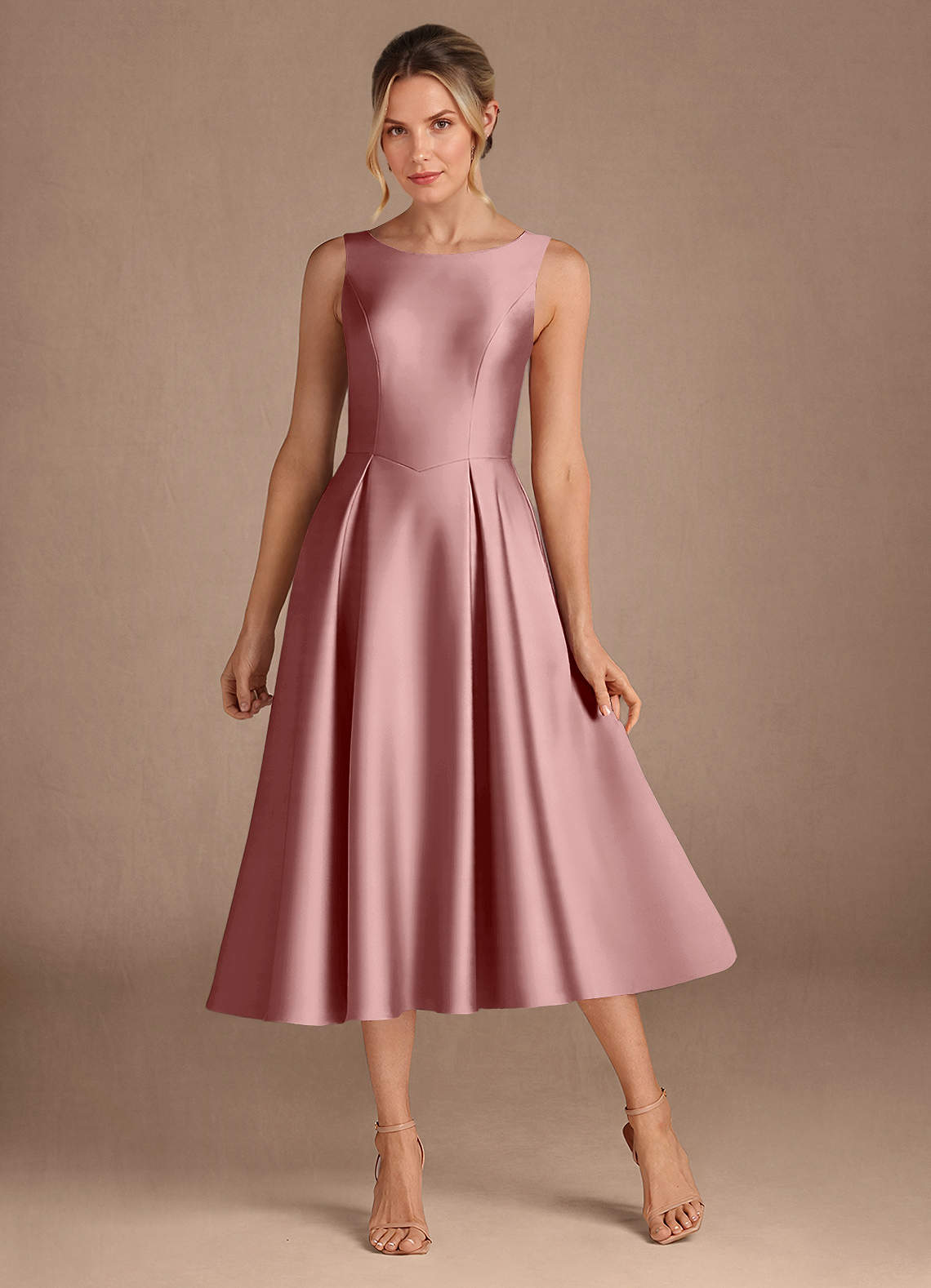 Azazie Fulton Mother of the Bride Dresses Dusty Rose A-Line Pleated Stretch Satin Dress image1