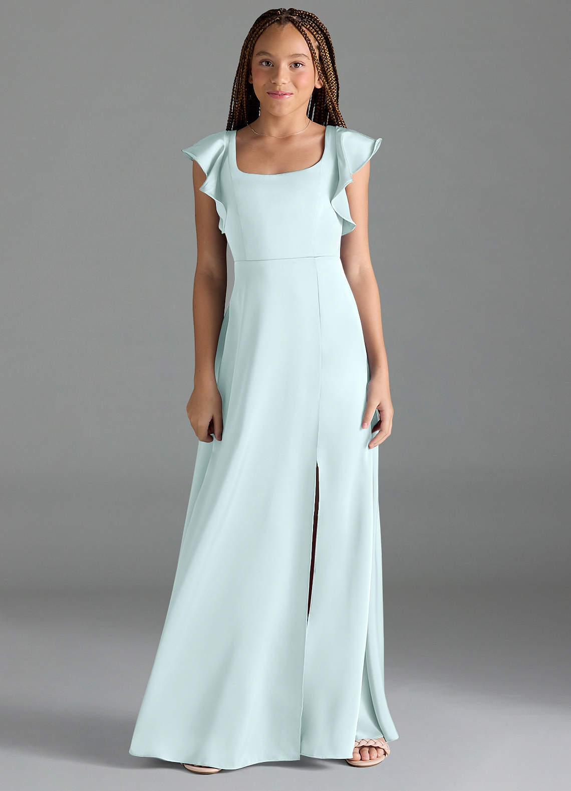 Azazie Bondi Junior A-Linie Seitliche Cut-Outs Stretch-Satin Kleid Seegrün image1