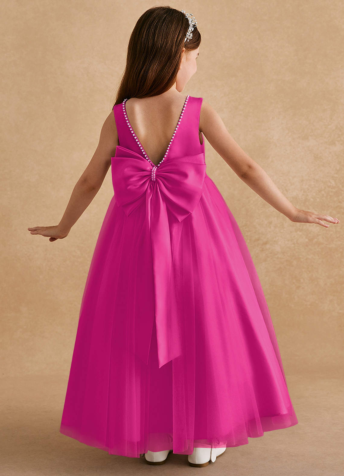 Pink Tulle Floral Bead Backless Tea Length Prom Dress