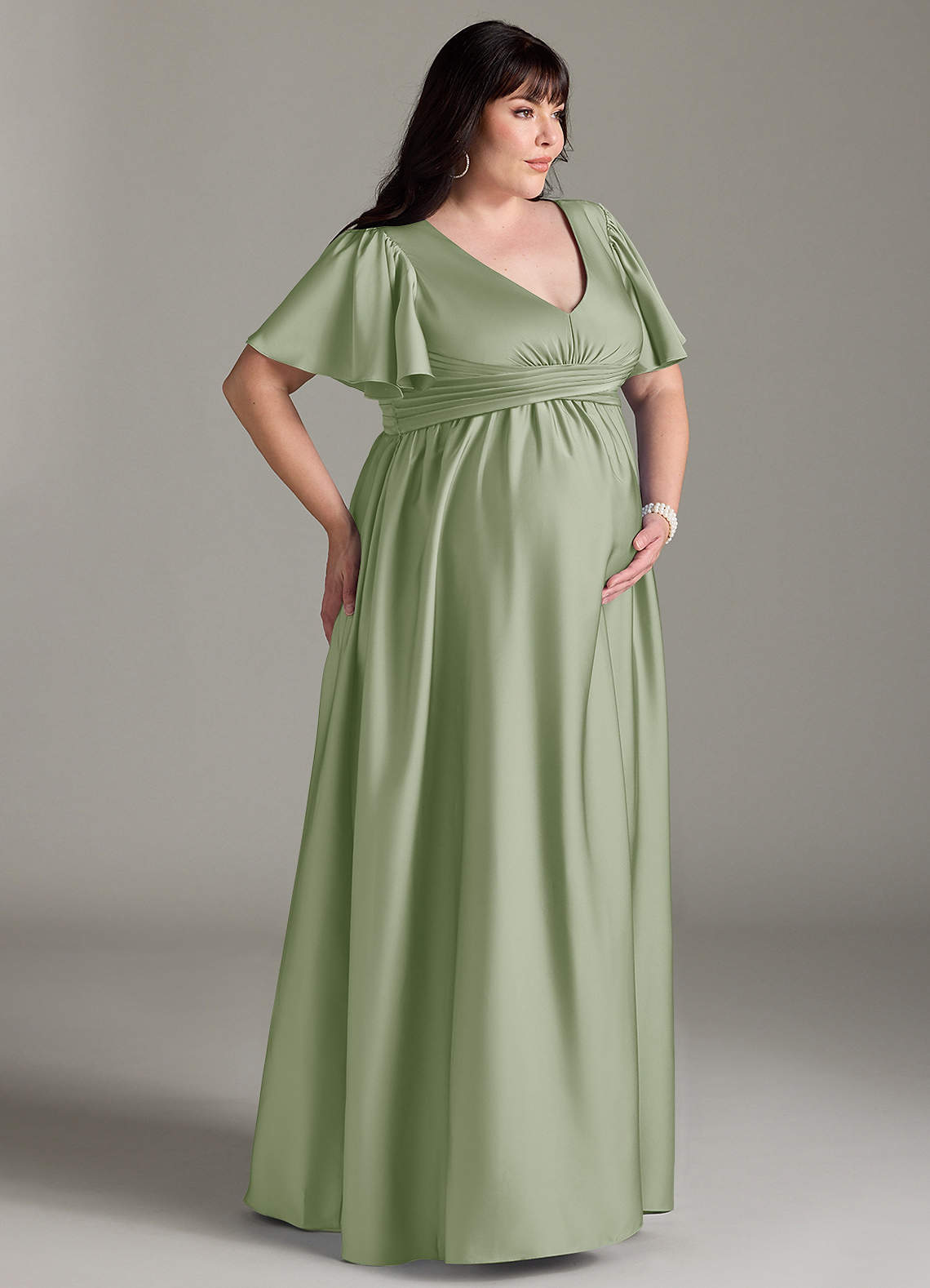 Azazie Verna vestidos de dama de honor de maternidad Vestido de Corte En A Volante Hasta el suelo Satén Elástico image11