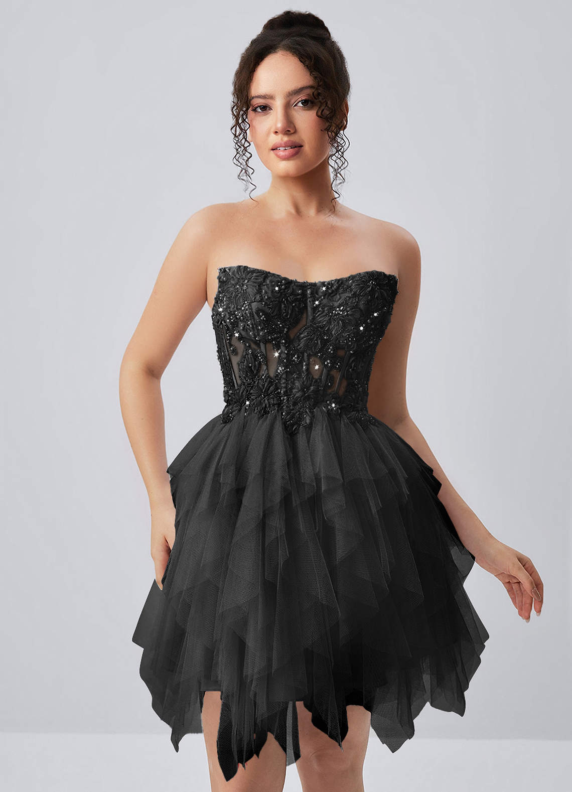 Madeline Black Strapless 3D Floral Tulle Lace-Up Mini Dress