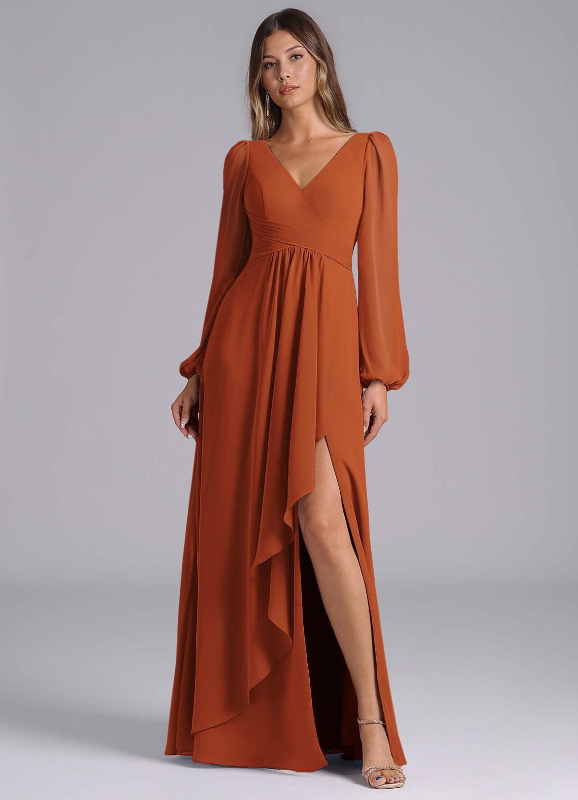 Azazie A-Line V-Neck Long Sleeve Floor-Length Chiffon Bridesmaid Dresses - Cinnamon Azazie A-Line V-Neck Long Sleeve Floor-Length Chiffon Bridesmaid Dresses - Cinnamon