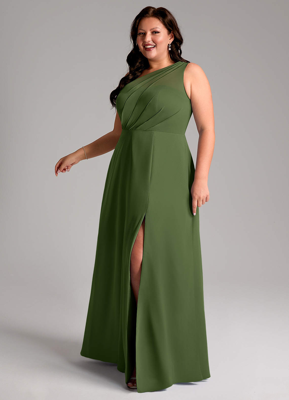 Azazie Phaedra Bridesmaid Dresses Olive A-Line One Shoulder Chiffon Dress image11