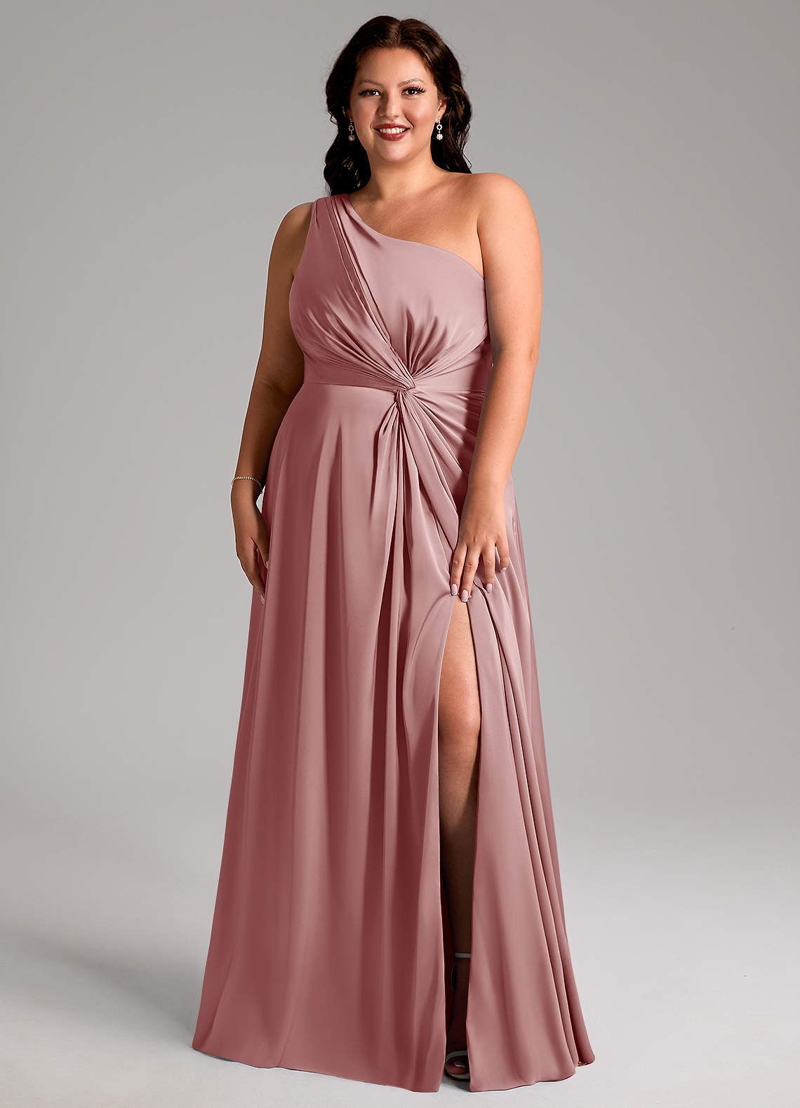 Azazie Brooke Brautjungfernkleider A-Linie One-Shoulder Stretch-Satin Kleid Altrosa image7