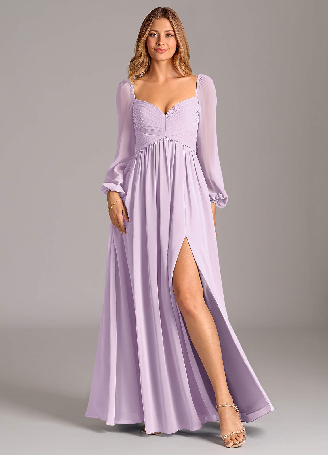Azazie Bailee Vestidos de damas de honor Vestido de Lila Esmerilada de Gasa de Corte en A con Manga larga image1