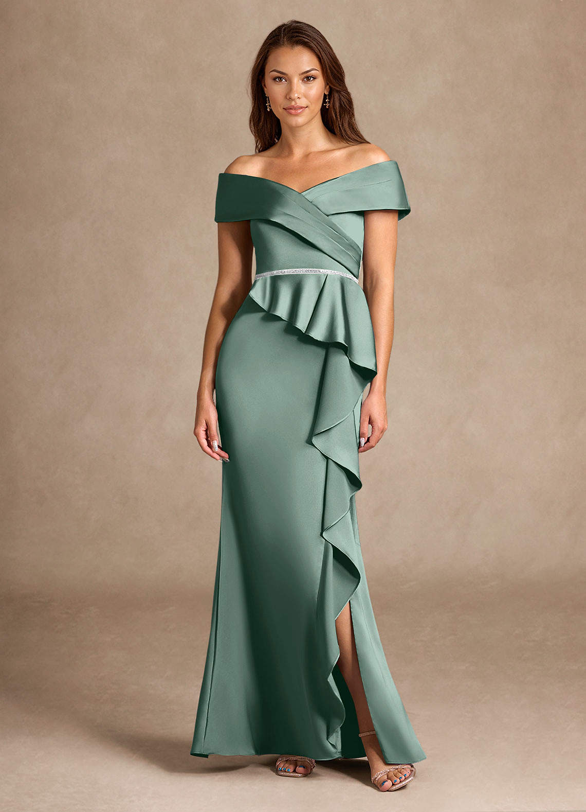 Azazie Dareia Mother of the Bride Dresses Eucalyptus Mermaid Off the Shoulder Stretch Satin Dress image2