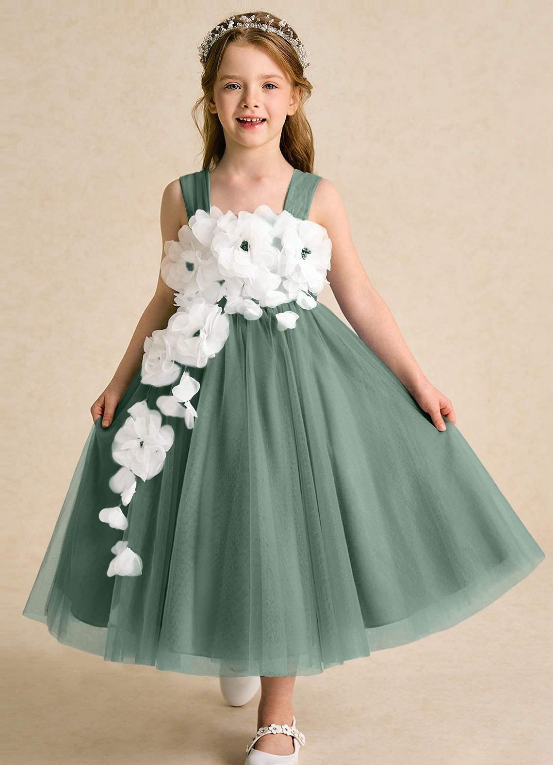 Azazie Dovey Flower Girl Dresses Eucalyptus Ball-Gown Bow Tulle Dress image1