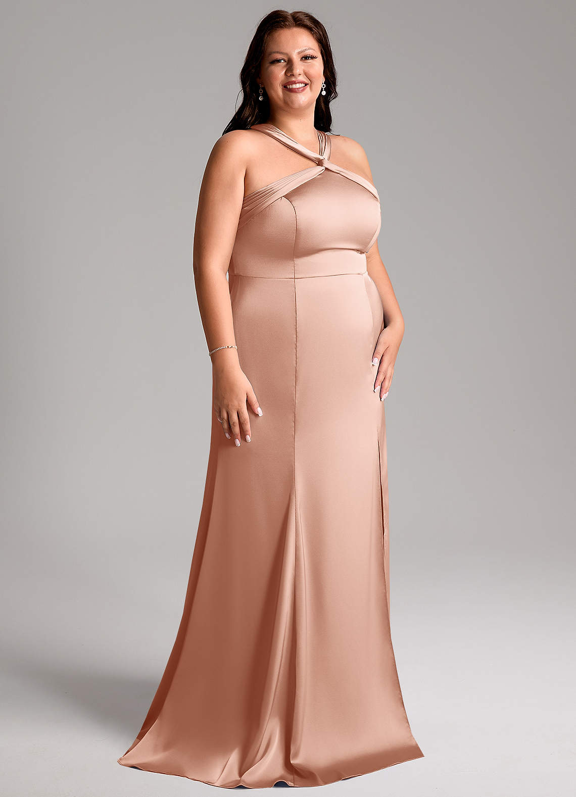 Azazie Rue Vestidos de damas de honor Vestido de Oro Rosa de Satén Elástico de Corte Sirena con Plisado image11