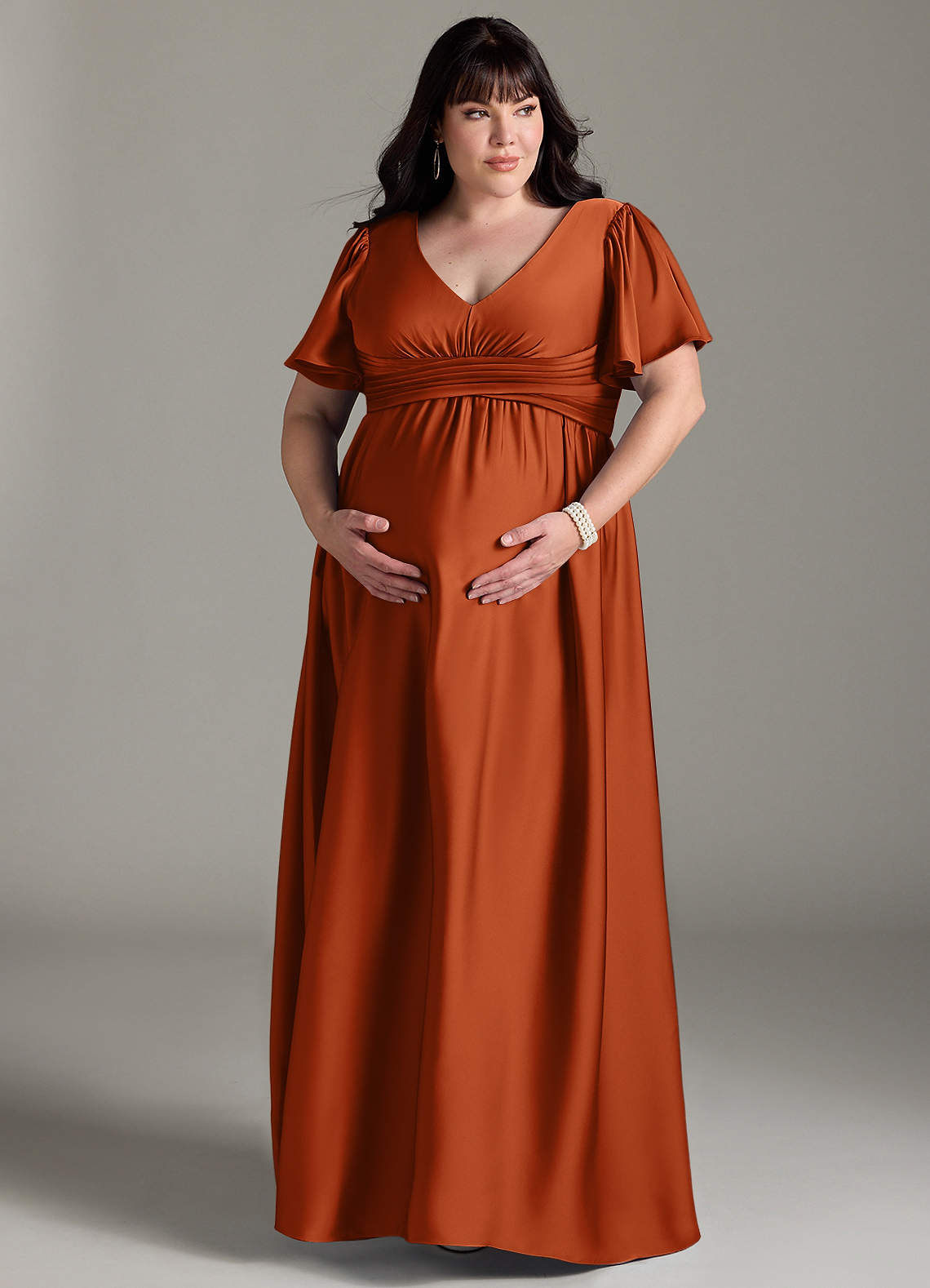 Azazie Verna At-home Try On Dresses A-Line Ruched Stretch Satin Floor-Length Dress image12