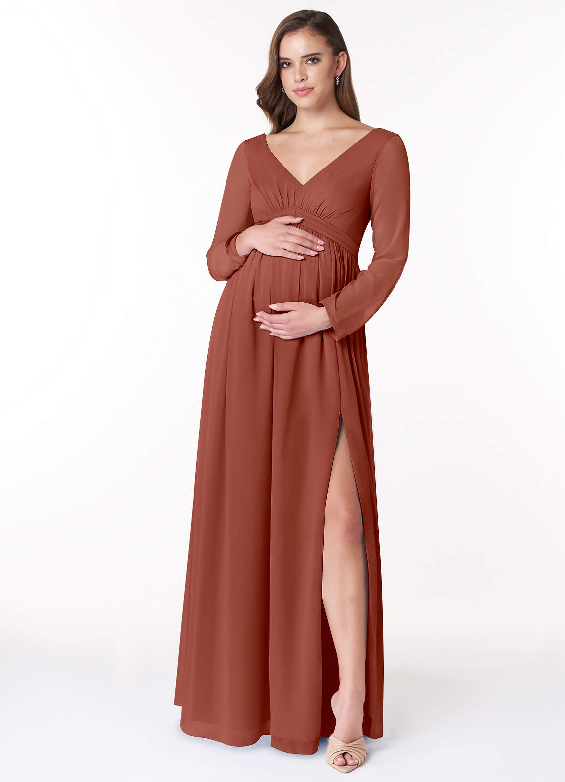 Azazie Teton Robes de demoiselle d'honneur de maternité Robe Trapèze Manche longue Longueur ras du sol Mousseline de soie image1