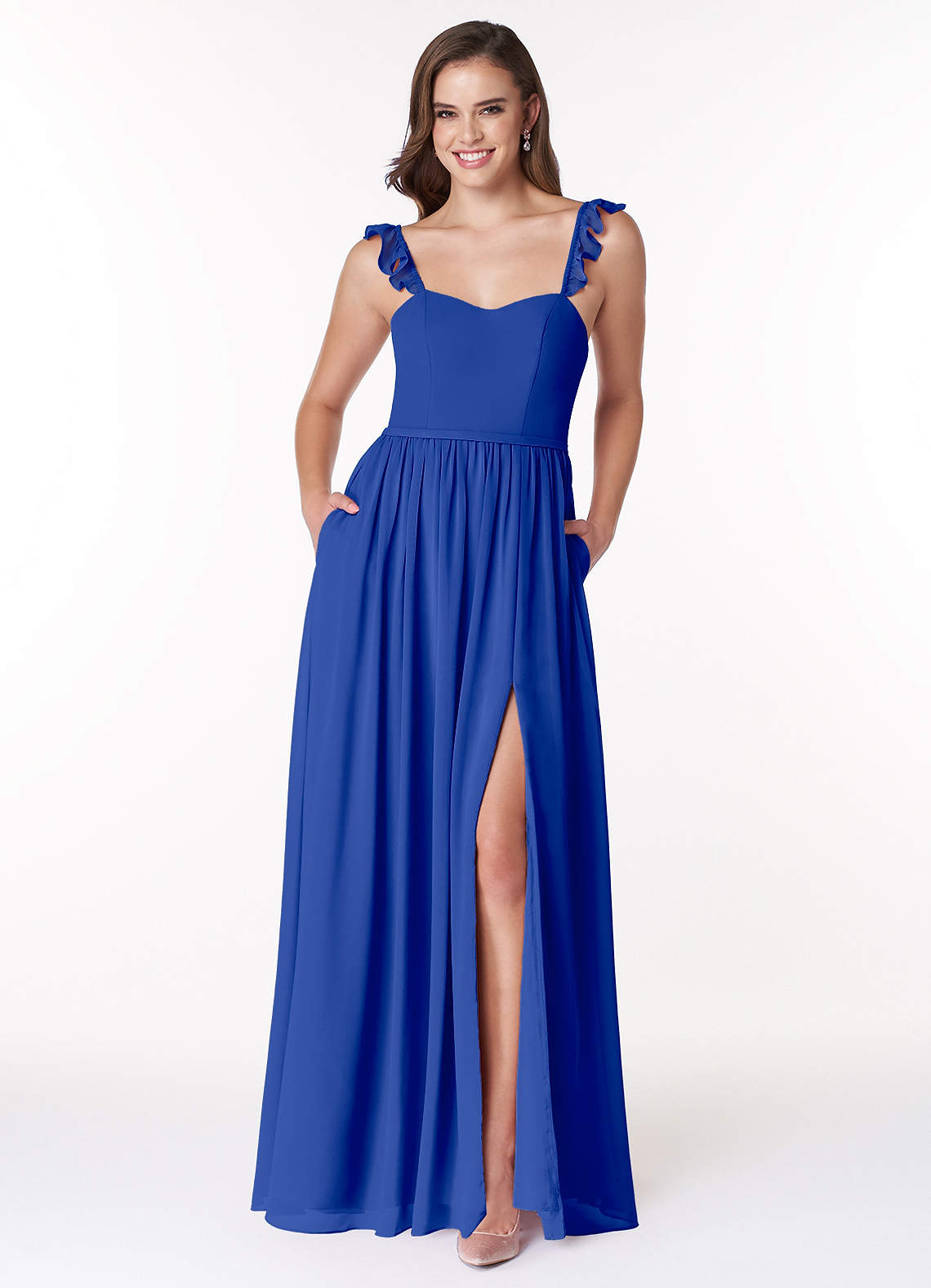 Azazie Metz Abiti da Damigella Abito A-Line in Chiffon Increspato con Scollo a Cuore Blu Reale image1