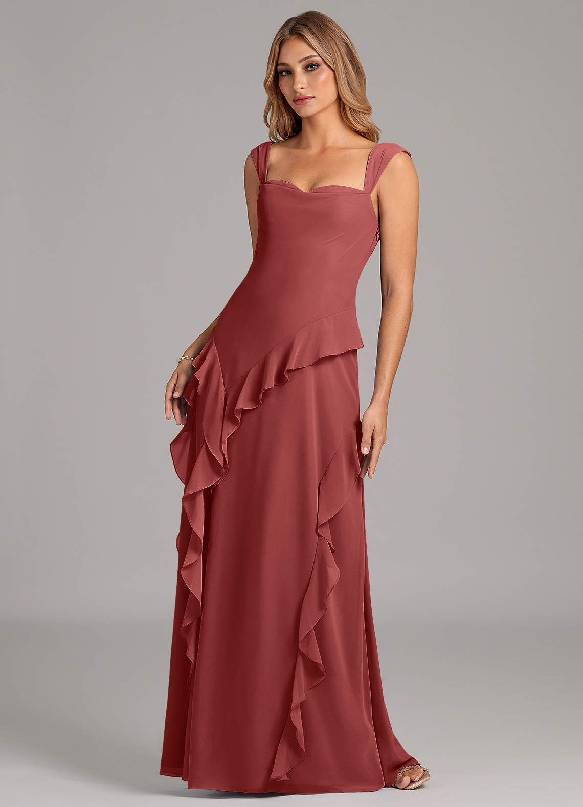 Azazie Sloane At-home Try On Dresses Terracotta A-Line Sweetheart Neckline Chiffon Dress image5