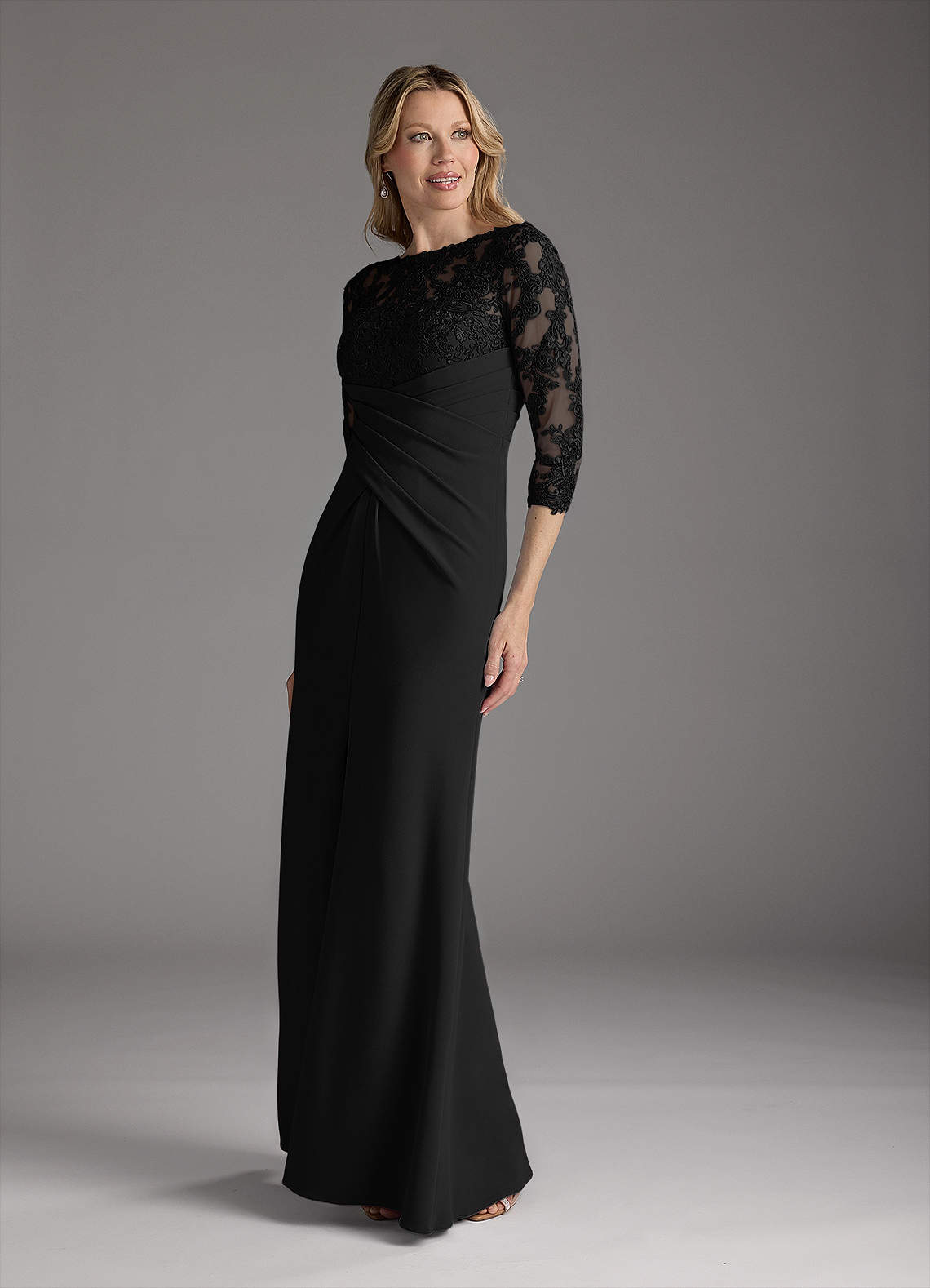 Azazie Margene Black Sheath Lace Stretch Crepe Dress | Azazie