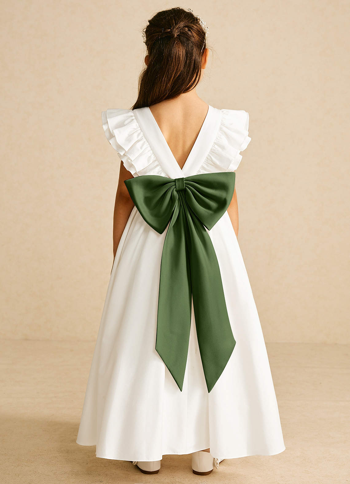 Azazie Aero Flower Girl Dresses Ivory Olive A-Line Pleated Cotton Dress image1