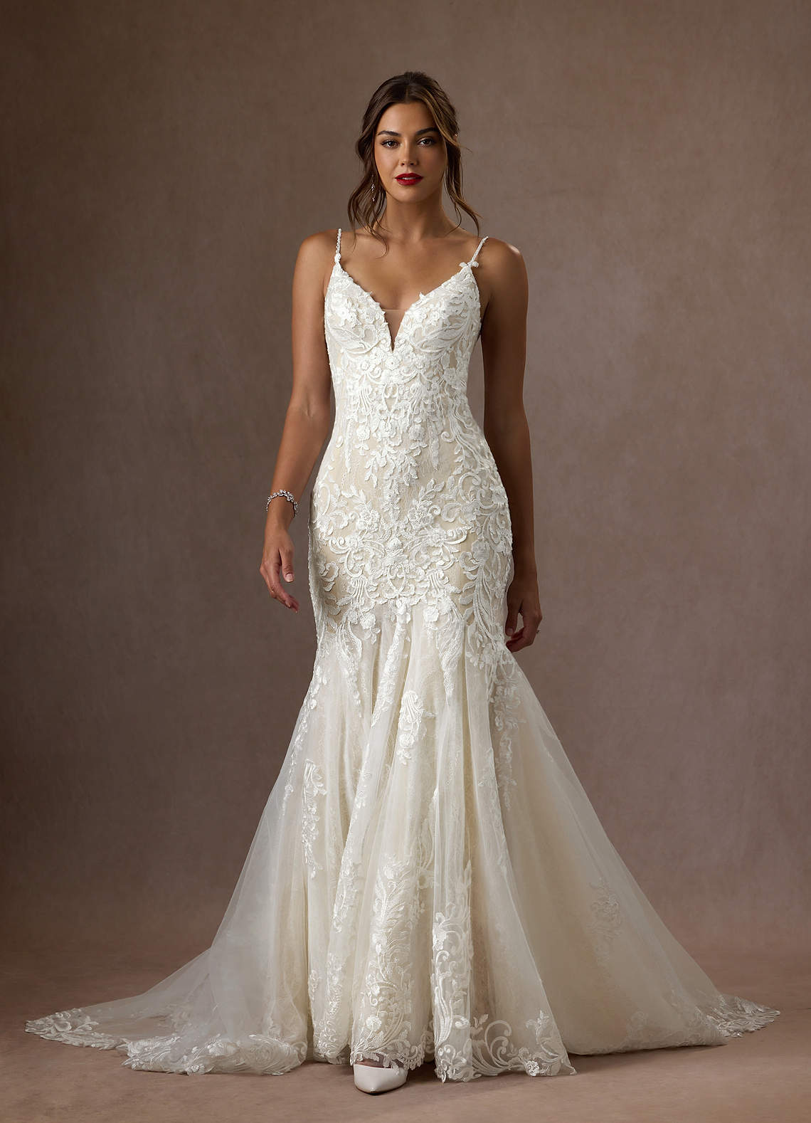 Azazie Camlynn Wedding Dresses Diamond White Champagne Mermaid V-Neck Sequins Tulle Dress image1