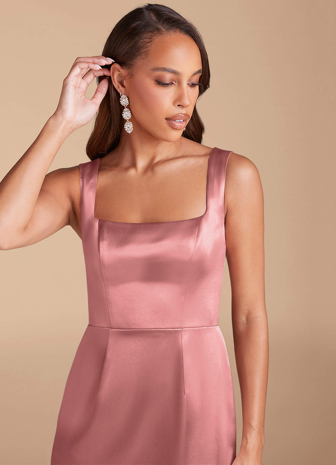 Azazie Flori Bridesmaid Dresses Rosette Sheath Side Slit Metallic Satin Dress image1