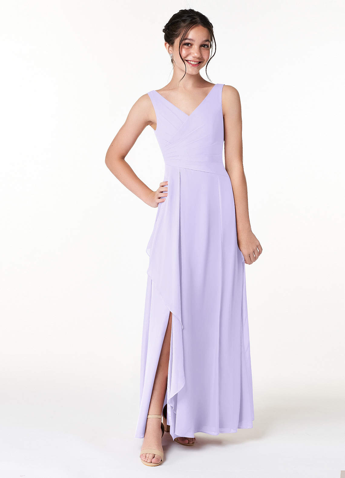 Azazie Kori Junior Lilac A-Line Ruched Chiffon Dress image1
