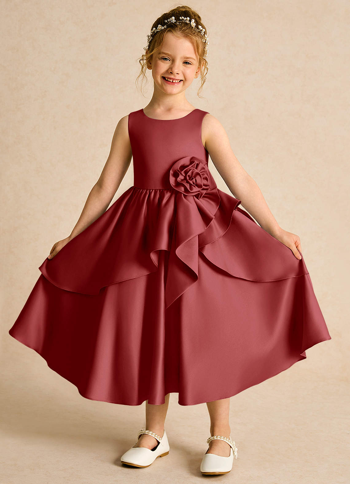 Azazie Hermia Flower Girl Dresses Rust A-Line Sleeveless Matte Satin Dress image1