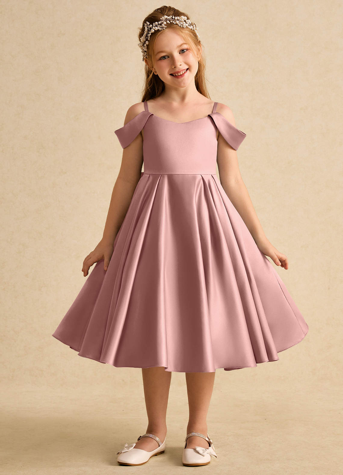 Azazie Favia Flower Girl Dresses Rose Gold A-Line Off the Shoulder Matte Satin Dress image1