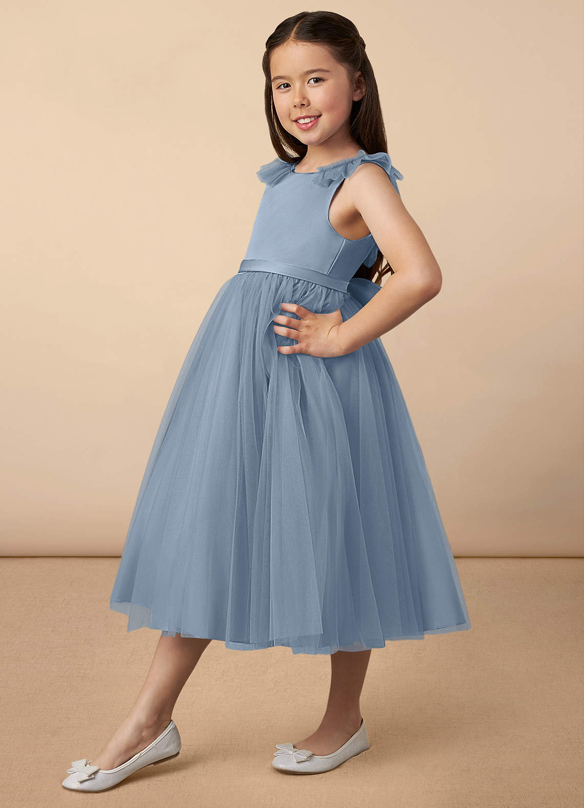 Azazie Dolly Dusty Blue A-Line Bow Tulle Dress | Azazie