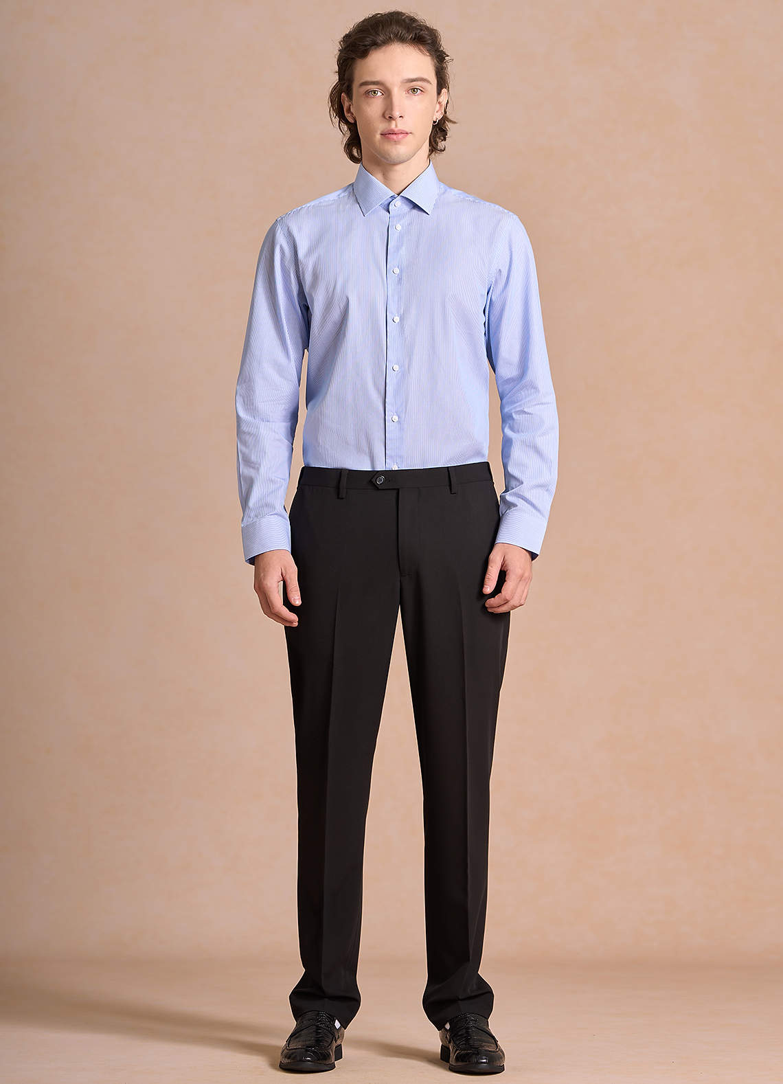 front Aiden 하얀 하늘색 100% 면 소재, 다림질이 필요 없는 스트라이프 드레스 셔츠