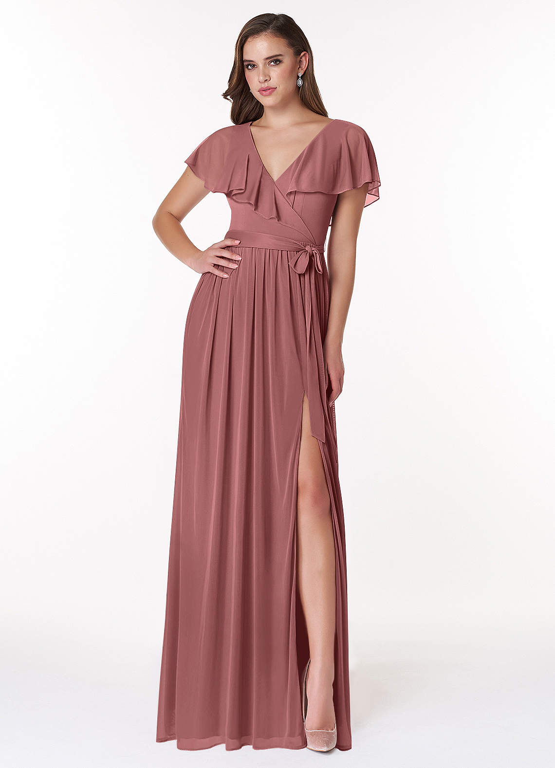 Azazie Jael Bridesmaid Dresses Desert Rose A-Line V-Neck Mesh Dress image1