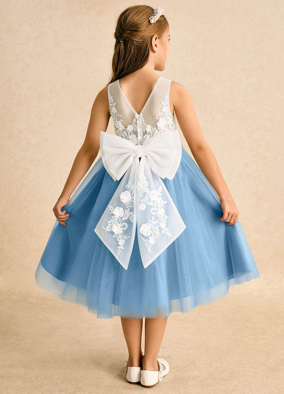 Azazie Lina Flower Girl Dresses Ivory Steel Blue Ball-Gown Lace Dress image1