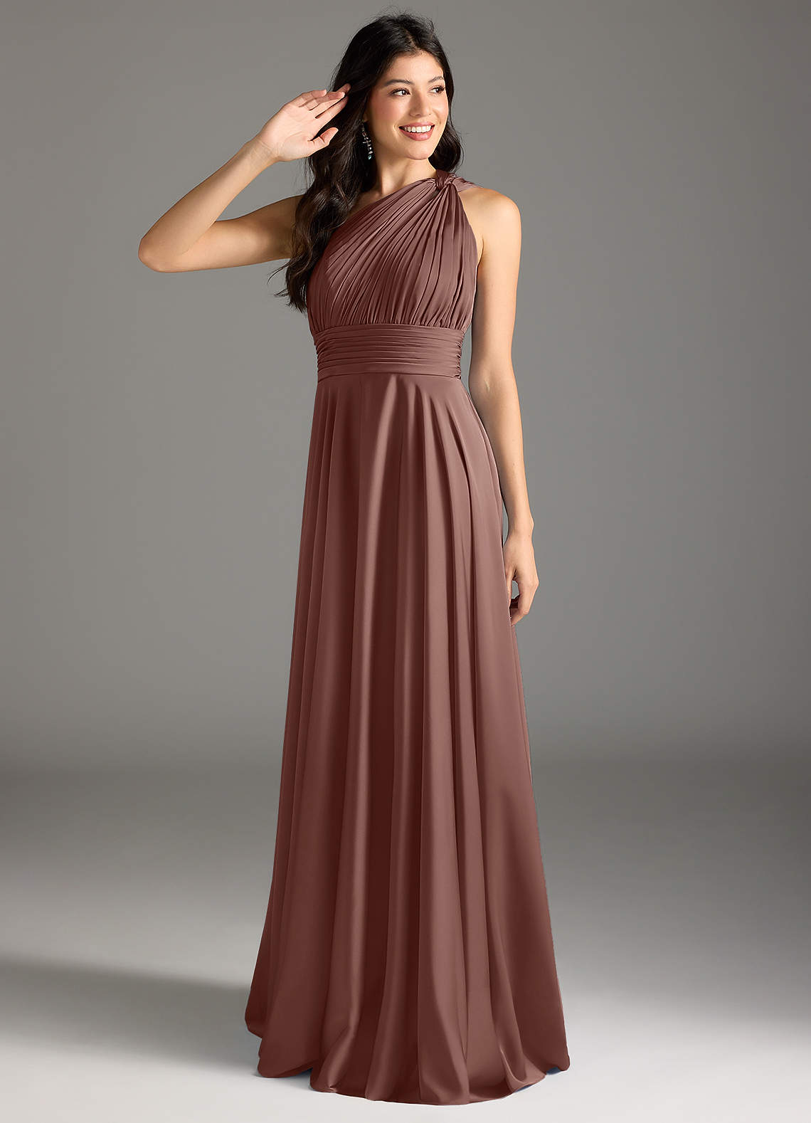 Azazie Charlize Bridesmaid Dresses Espresso A-Line One Shoulder Stretch Satin Dress image1