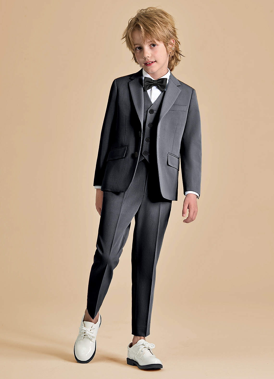front Oliver Boys Charcoal 5-Piece Suit With Bow Tie