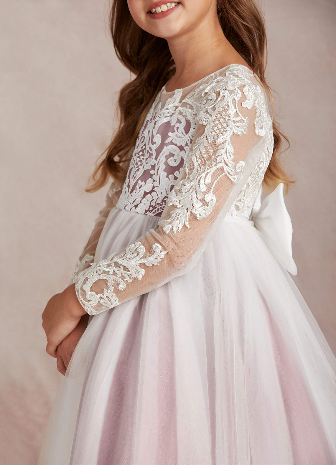 Azazie Elodie Robe Demoiselle D'honneur Fillette Robe Princesse en Dentelle Ivoire Rose Poussiéreux image6