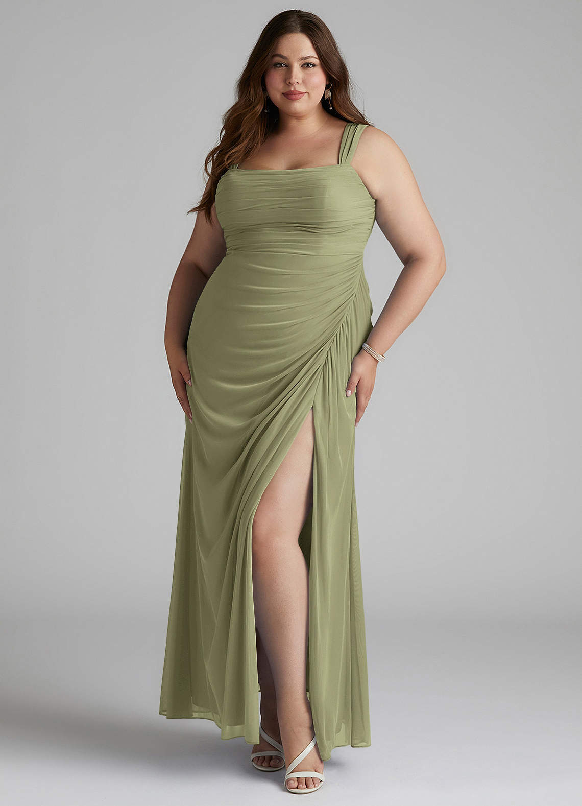 Azazie Jesaphine Brautjungfernkleider Etui Gerafft Gittergewebe Kleid Pistazie image1