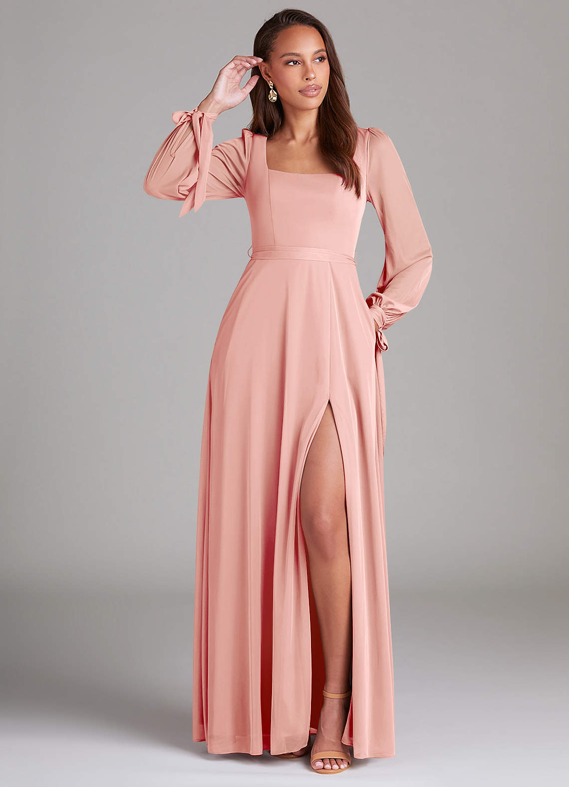 Azazie Leonia Bridesmaid Dresses Rosette A-Line Long Sleeve Mesh Dress image1