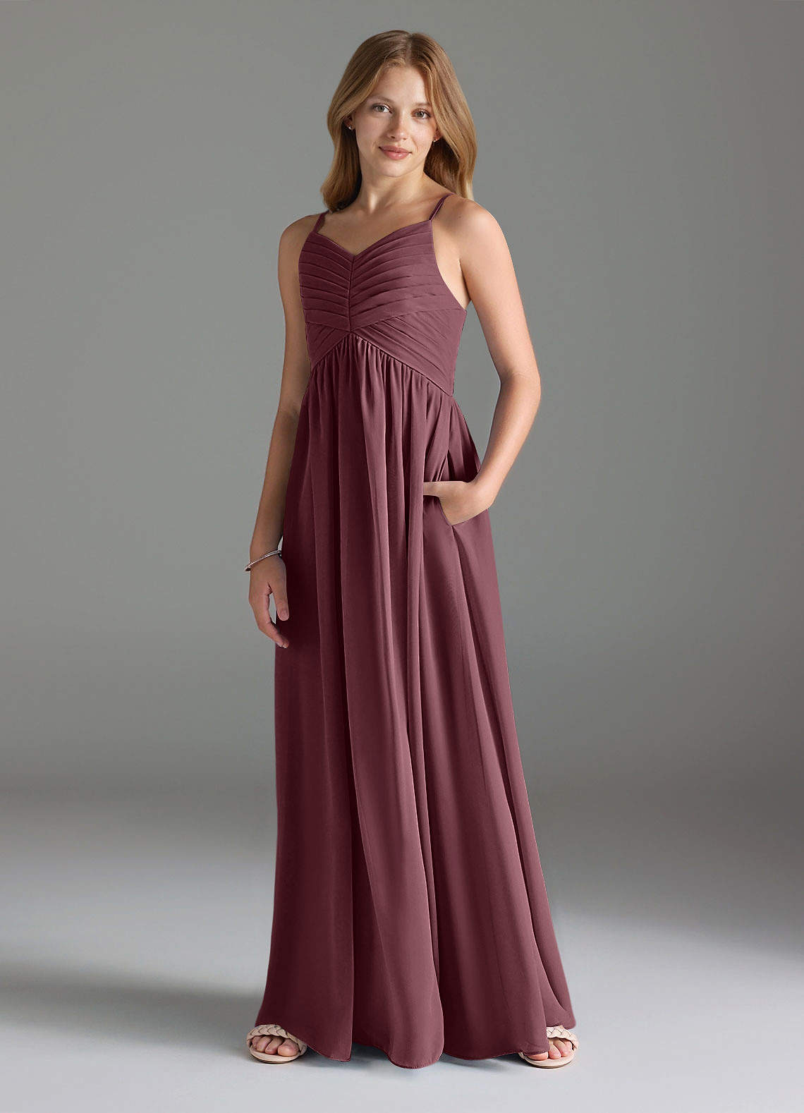 Azazie Alia Junior Sangria A-Line Pleated Chiffon Dress image1
