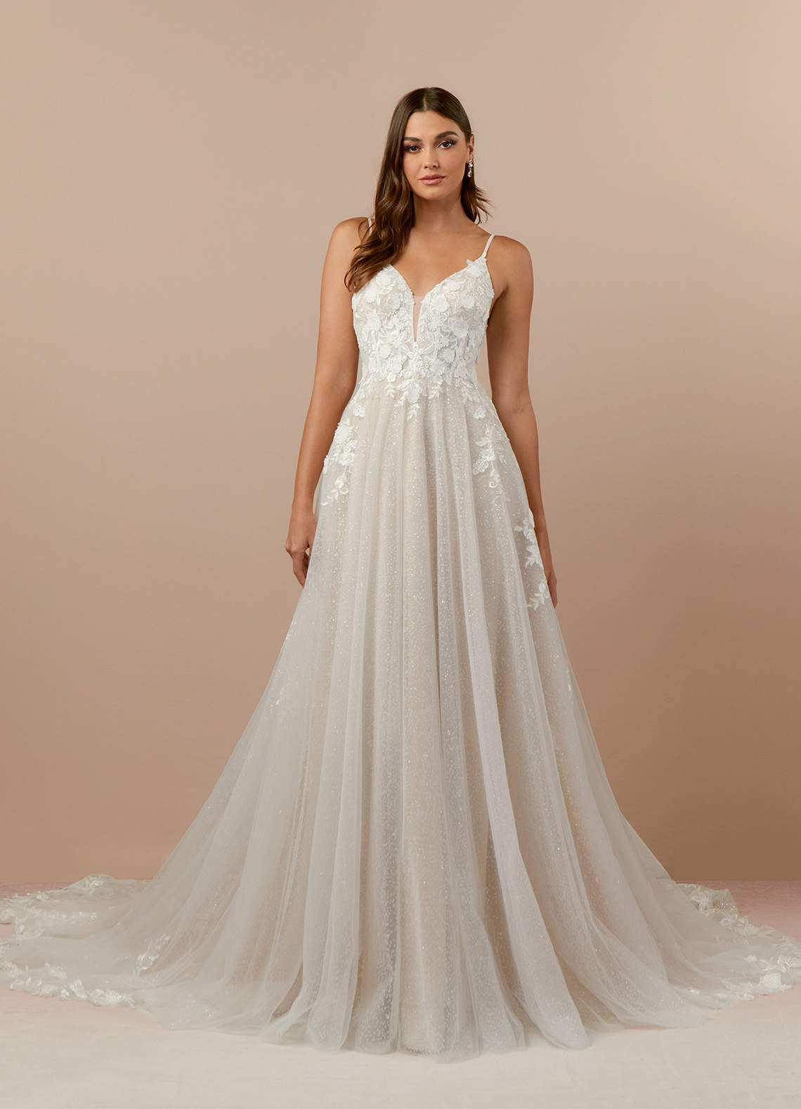 Azazie Arabelle Wedding Dresses Diamond White Nude A-Line V-Neck Lace Tulle Dress image1