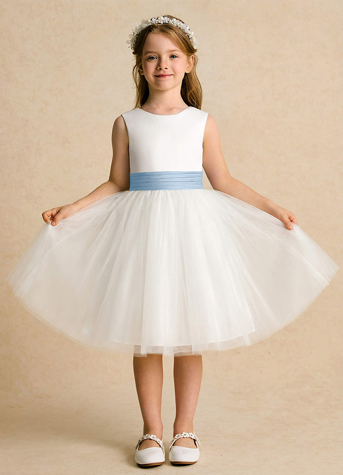 Azazie Sosie Flower Girl Dresses Ivory Powder Blue A-Line Pleated Tulle Dress image1