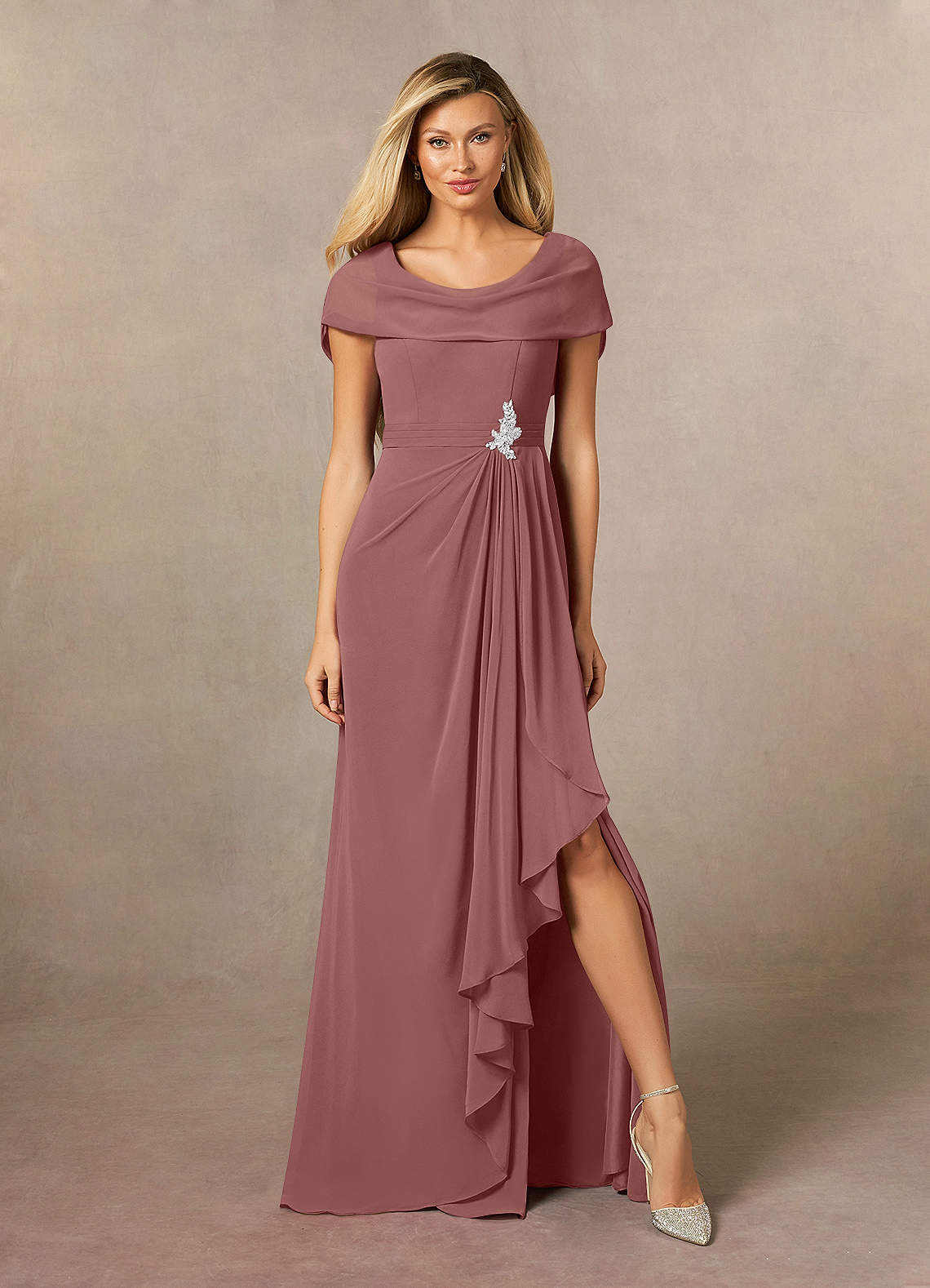 Azazie Mary Mother of the Bride Dresses Desert Rose A-Line Side Slit Chiffon Dress image1