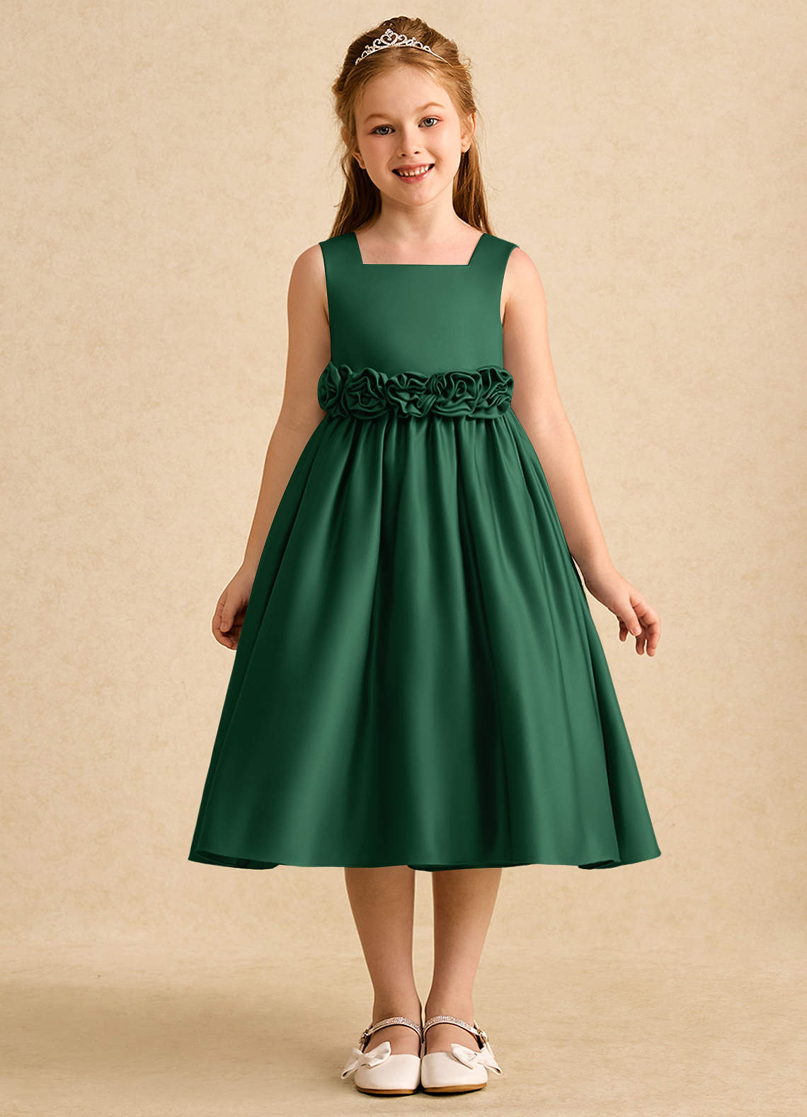 Azazie Peaches Flower Girl Dresses Dark Green A-Line Bow Matte Satin Dress image1