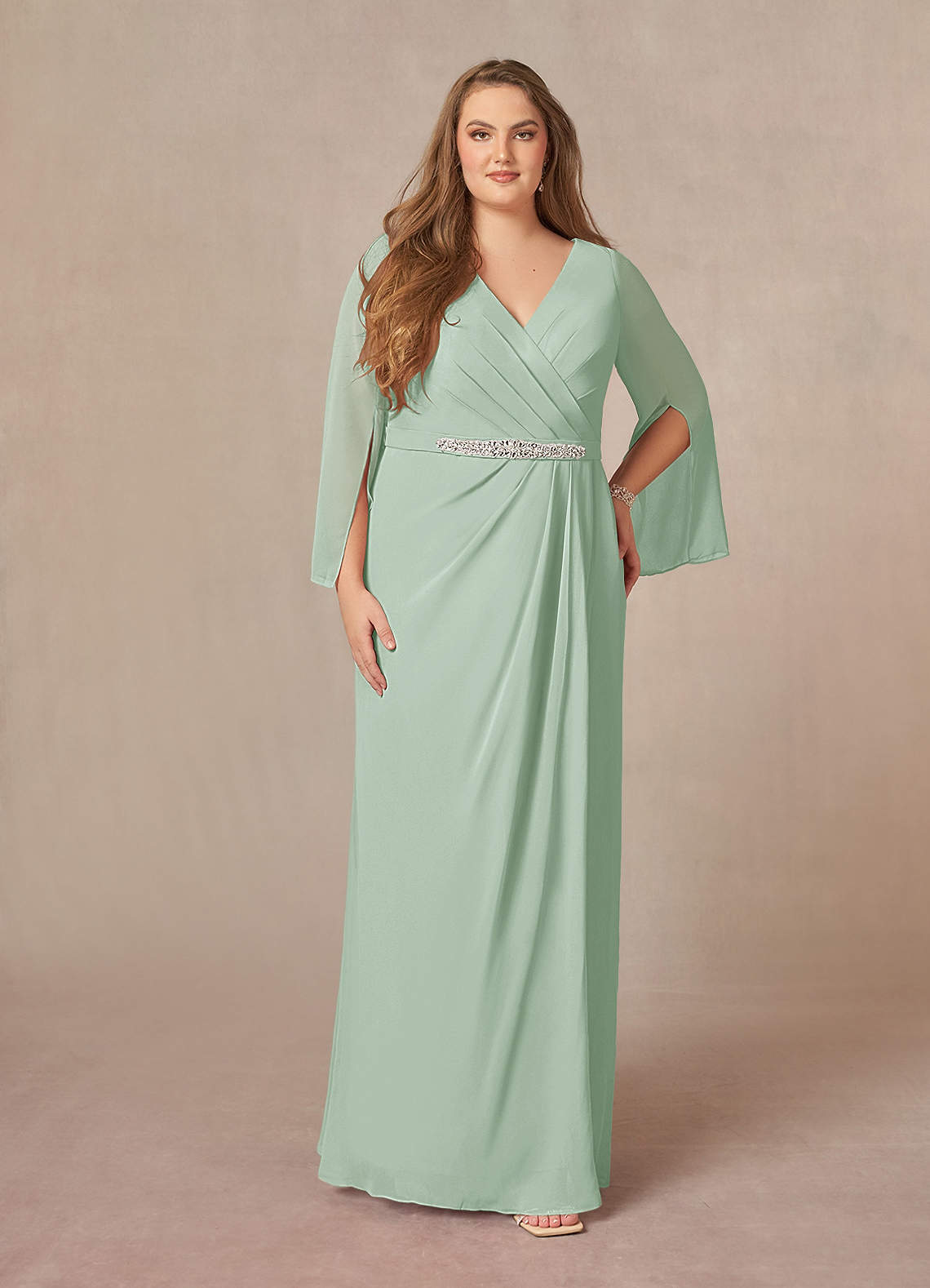 Azazie Belinda Mother of the Bride Dresses Agave A-Line V-Neck Pleated Chiffon Dress image1